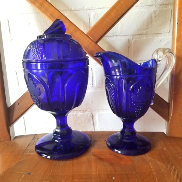 Imperial Glass Grape and Magnet Cobalt Large Creamer W/ Lid Sugar Bowl URANIUM - Picture 1 of 7